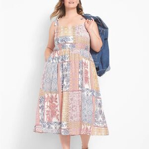 Lane Bryant Dress Womens 18 Colorful Patchwork Sweetheart-Neck Tie-Shoulder Midi